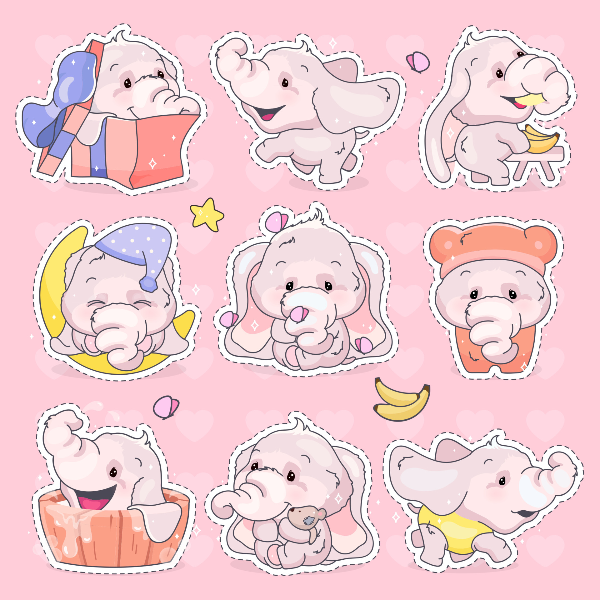 Cute elephants kawaii cartoon characters set. Adorable and funny animal  different poses and emotions isolated sticker, patch, kids illustration.  Anime baby girl elephants emoji on pink background 4816703 Vector Art at  Vecteezy