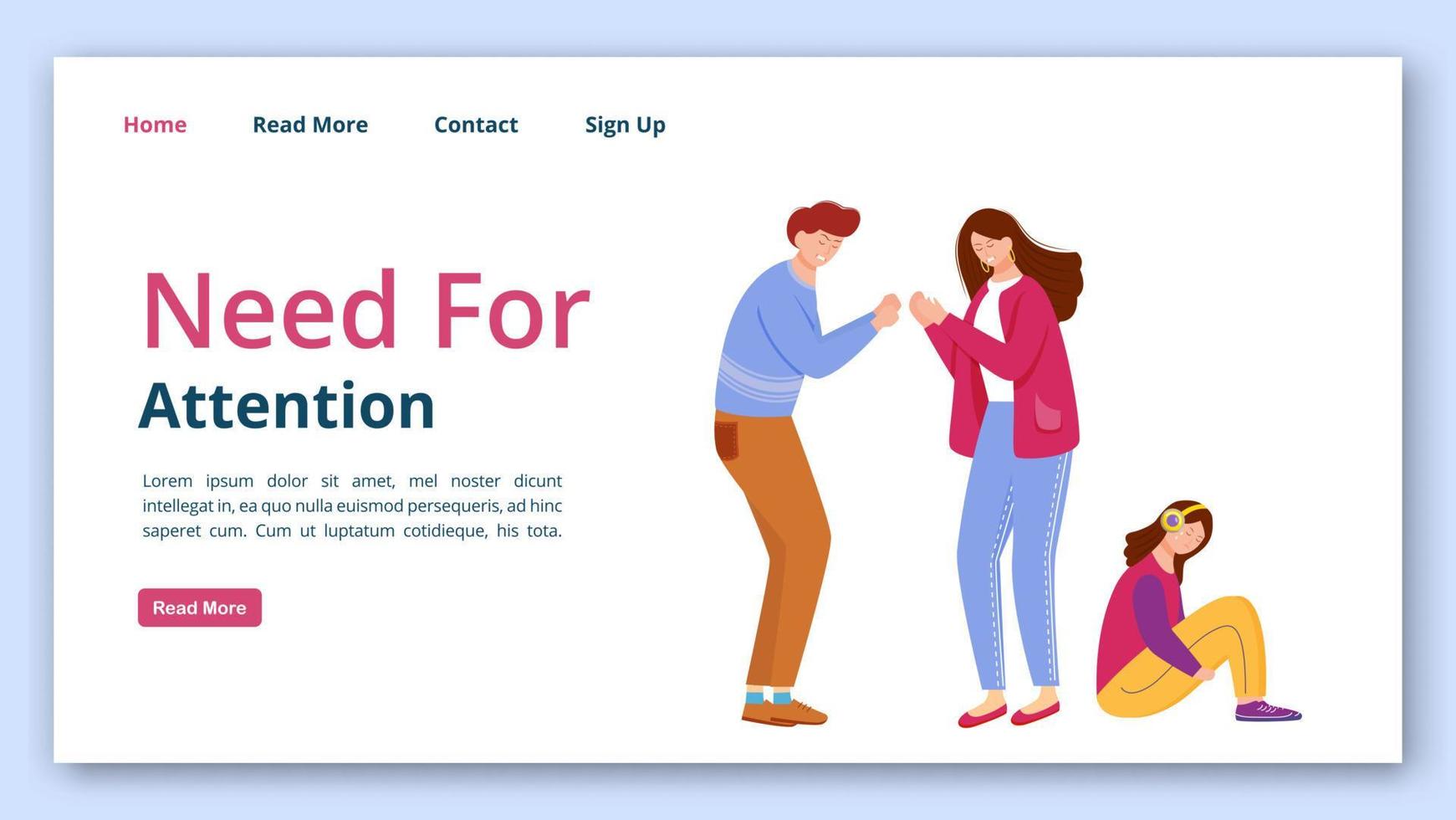 Need for attention landing page vector template. Trouble relationship website interface idea with flat illustrations. Family with kids problems and conflicts homepage layout, webpage cartoon concept