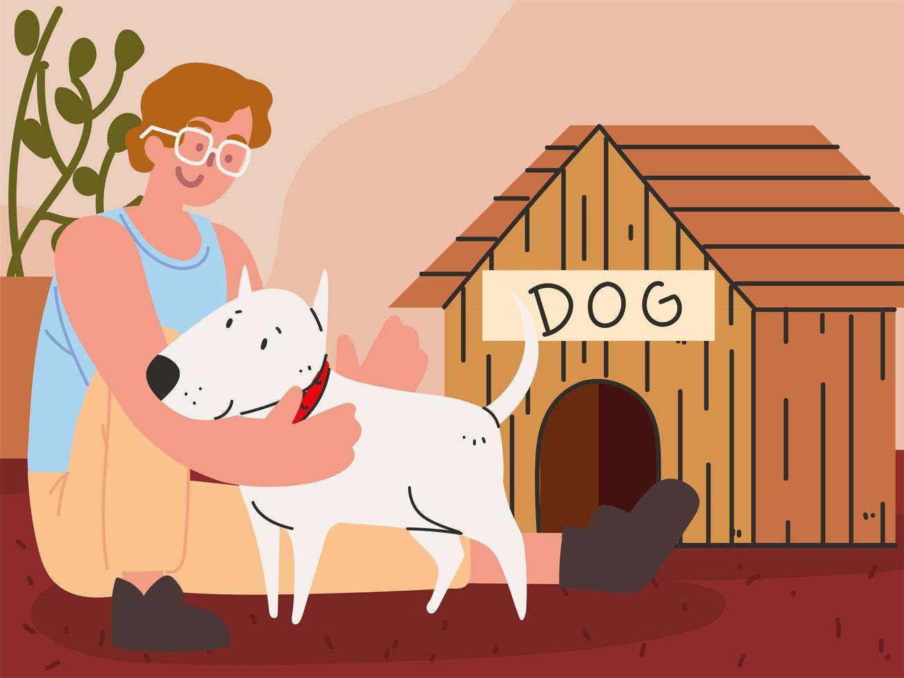 niño con casa de perro y mascota vector