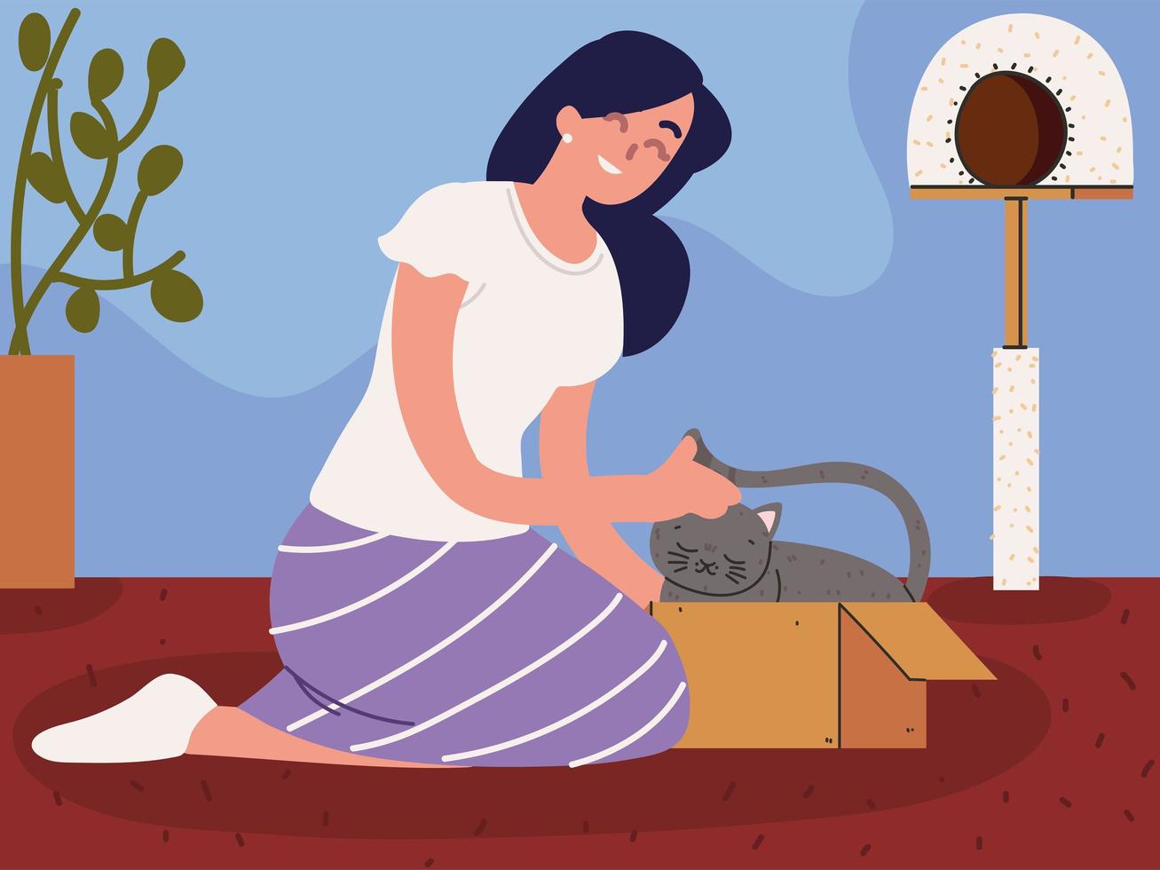 woman with cat in the house vector
