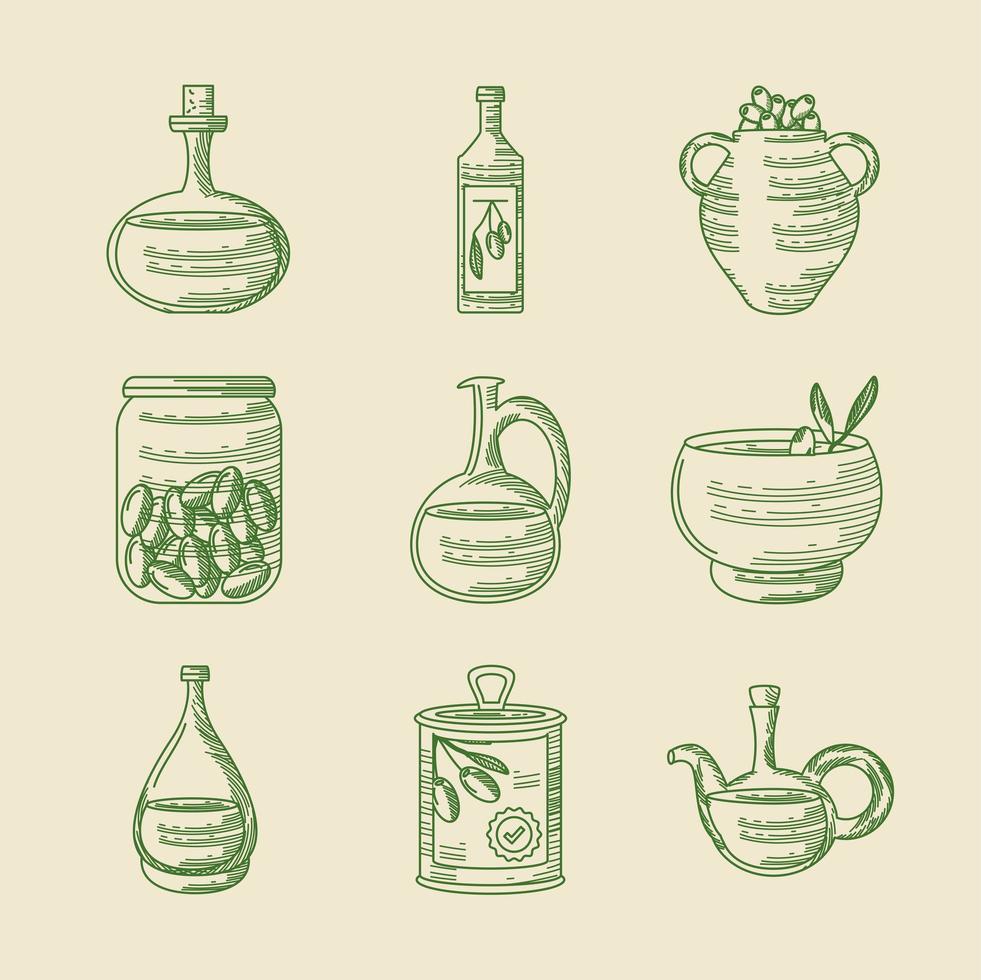 icons olive oil engraving style vector