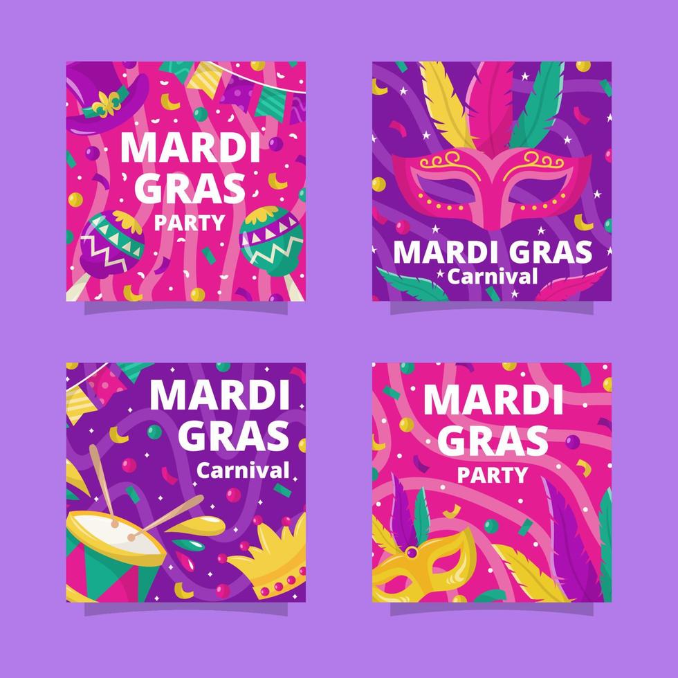 Publicaciones en redes sociales de la fiesta de carnaval de Mardi Gras vector