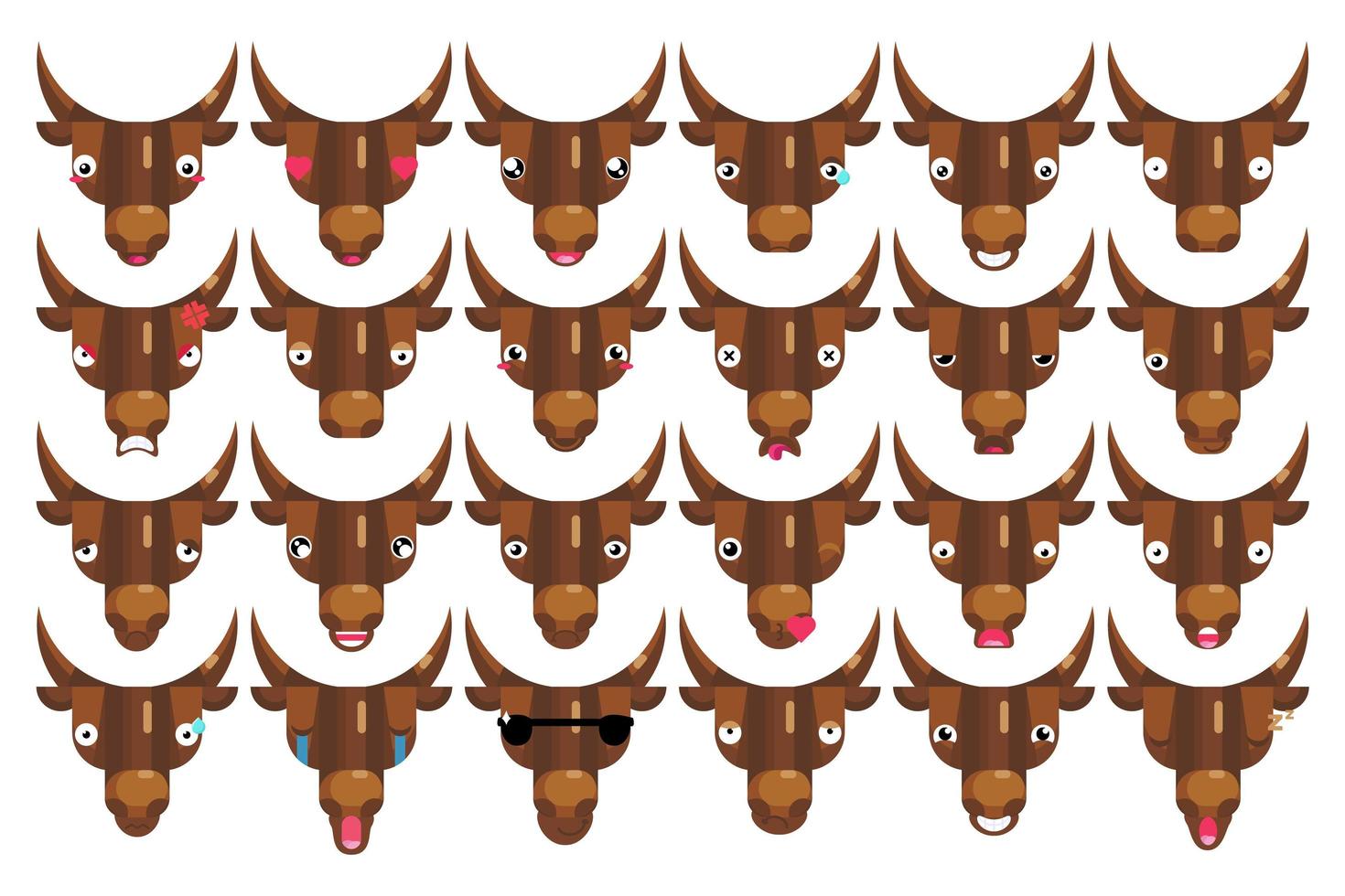 Emoji set, bull faces, happy smiling cows head signs isolated emotion vector