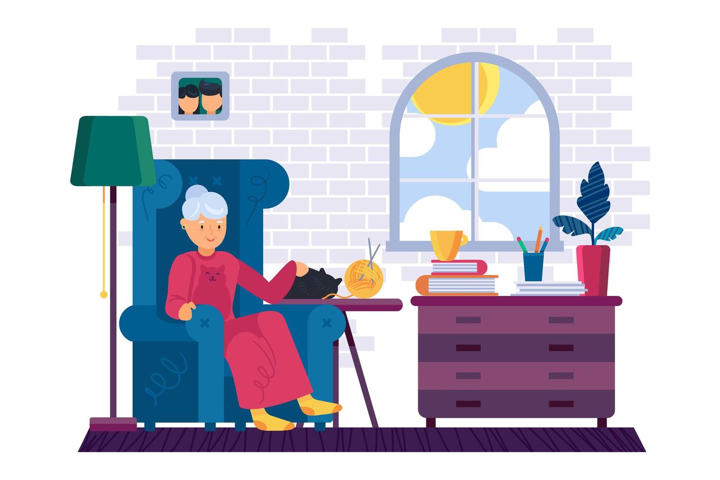 abuela descansando con un gato en casa vector