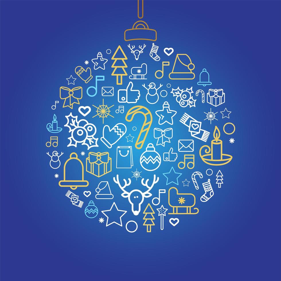 Bauble silhouette with Xmas holiday linear icons vector