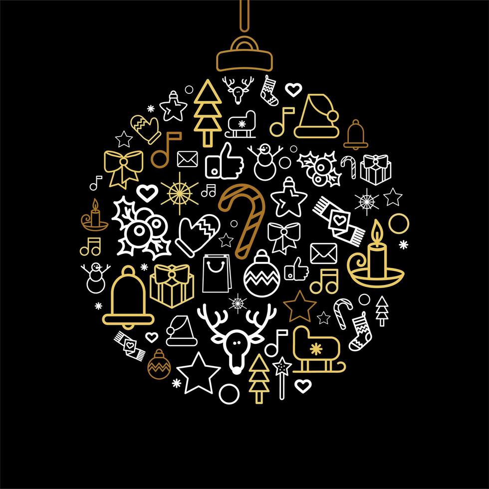 Bauble silhouette with Xmas holiday linear icons vector