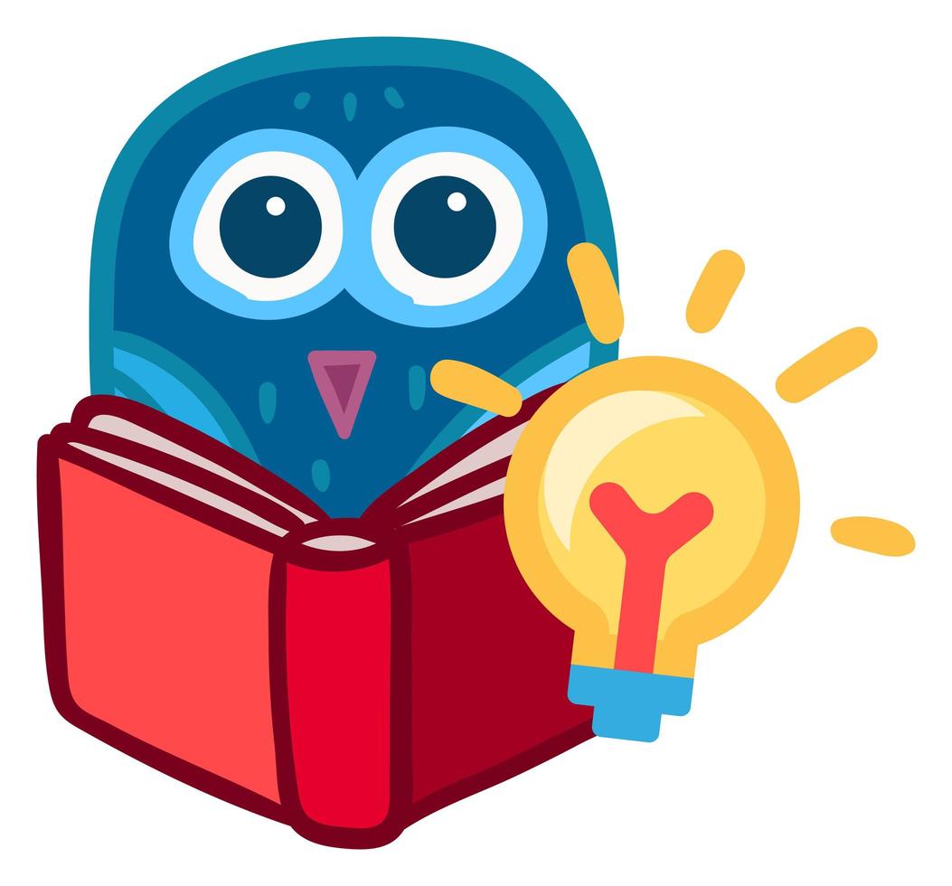 Cartoon owl read book has new idea. School sticker vector