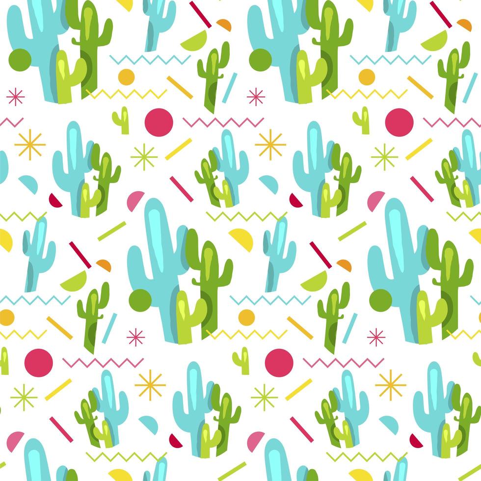 Fashion memphis bright seamless pattern with cactus vector