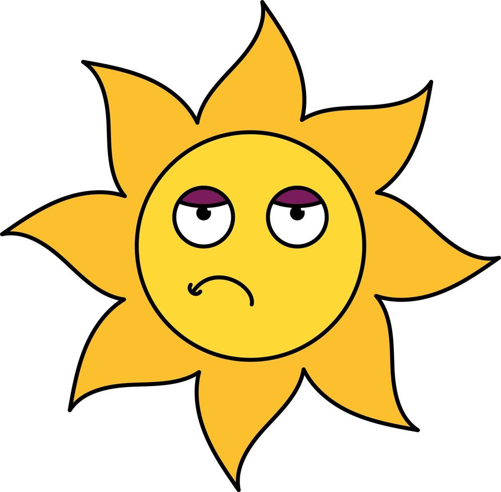 Bored sun emoticon outline illustration vector