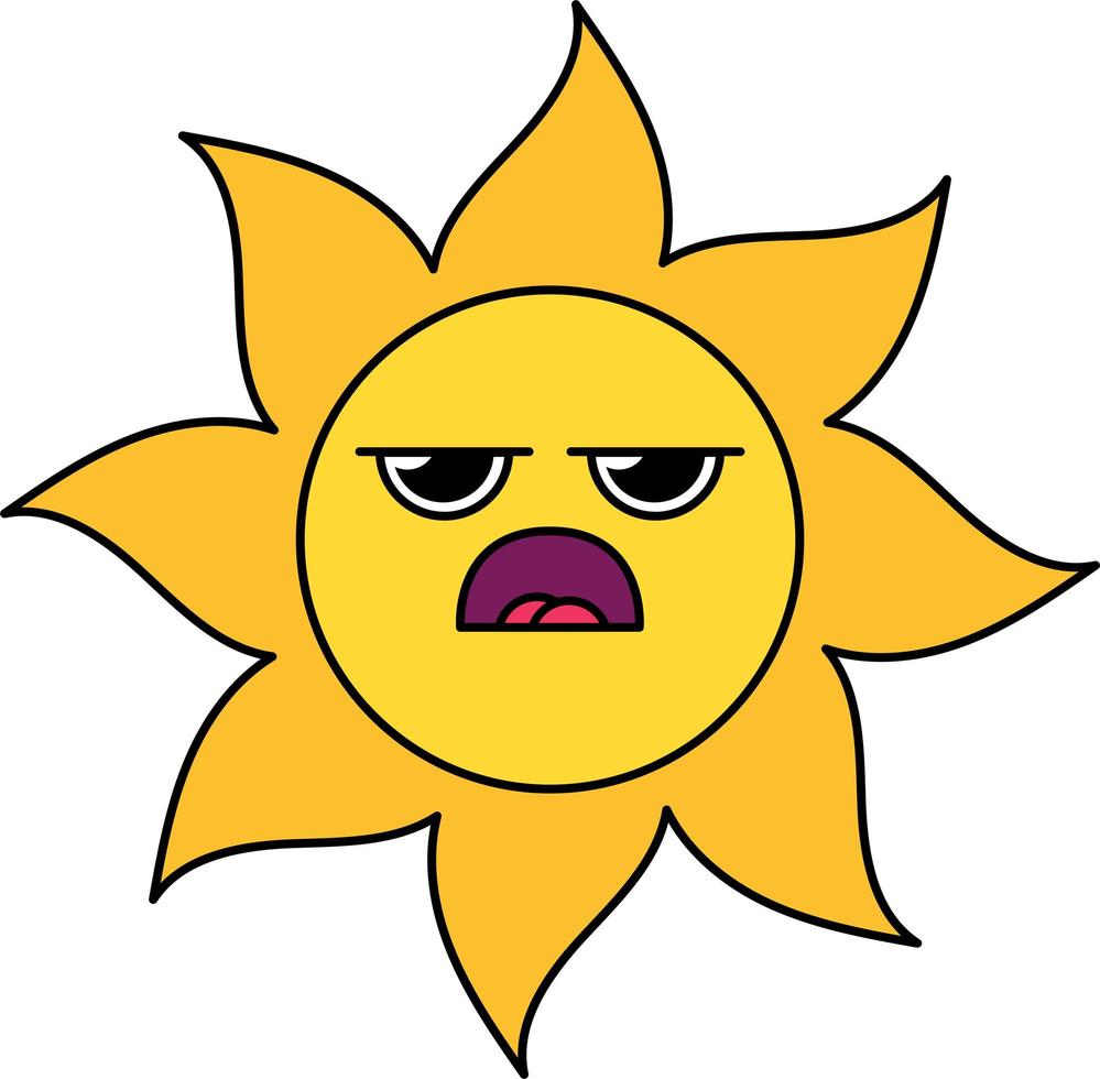 Grumpy sun emoticon outline illustration vector