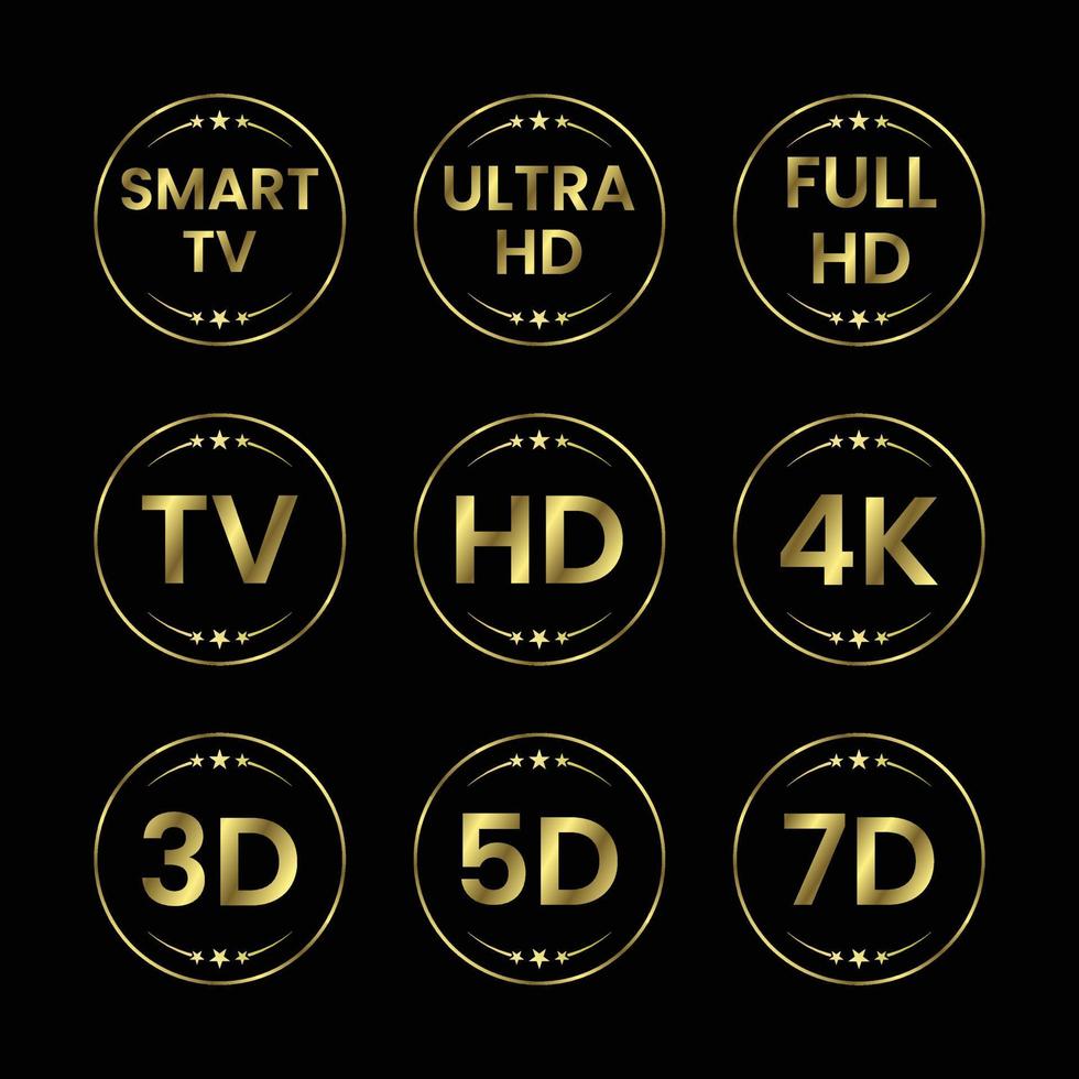 Golden TV icon set. TV labels TV HD 3D 5D 7D Smart TV Full HD 4K Ultra HD vector