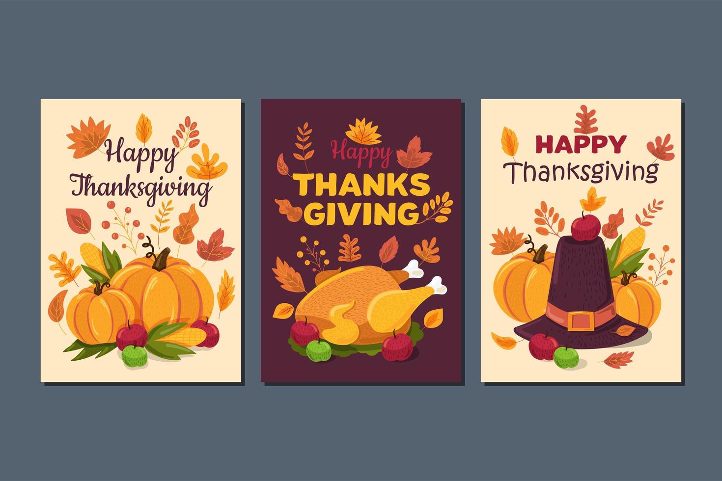 Happy thanksgiving, traditional holiday greeting cards set vector