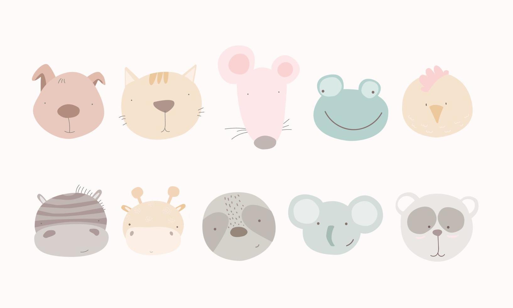 Set of cute animal heads. Cartoon zoo. Collection of cute animal characters in cartoon style. dog, cat, mouse, frog, chicken, zebra, giraffe, elephant, panda. Vector. vector