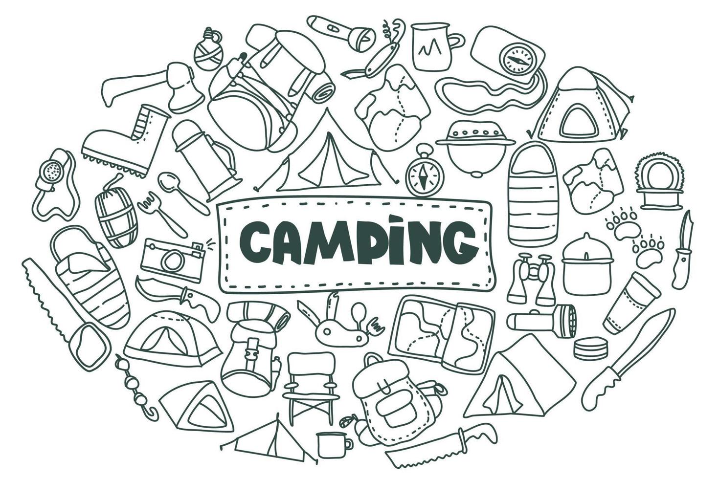 Doodle estilo camping set.hand dibujado vector conjunto de imágenes prediseñadas de camping. aislado en el dibujo de fondo blanco para impresiones, carteles, lindos artículos de papelería, diseño de viajes. naturaleza, recreación forestal, deporte.