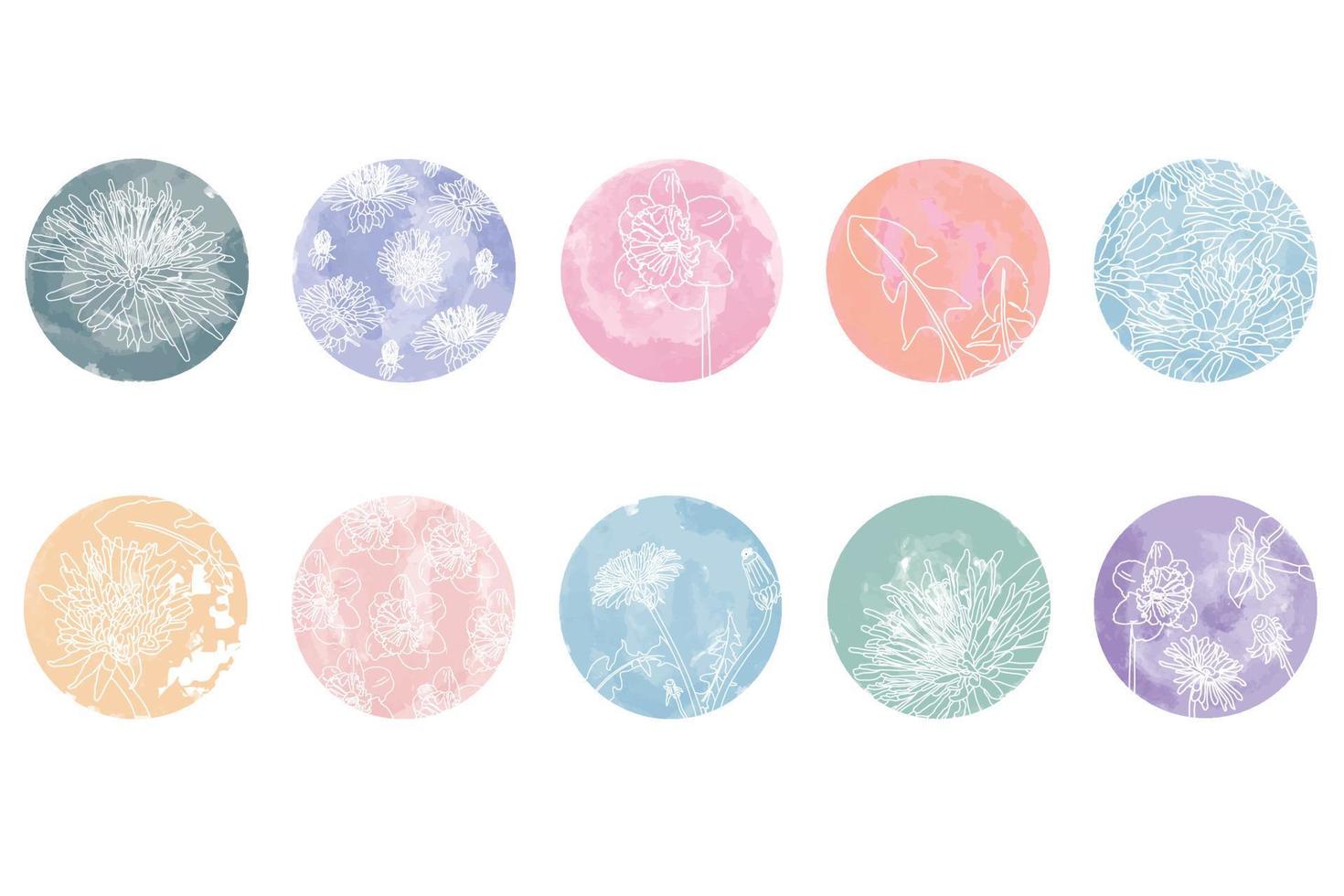 Highlight cover set, abstract floral botanical icons for social media. vector illustration. watercolor design. set story highlights covers icons. colorful watercolor background
