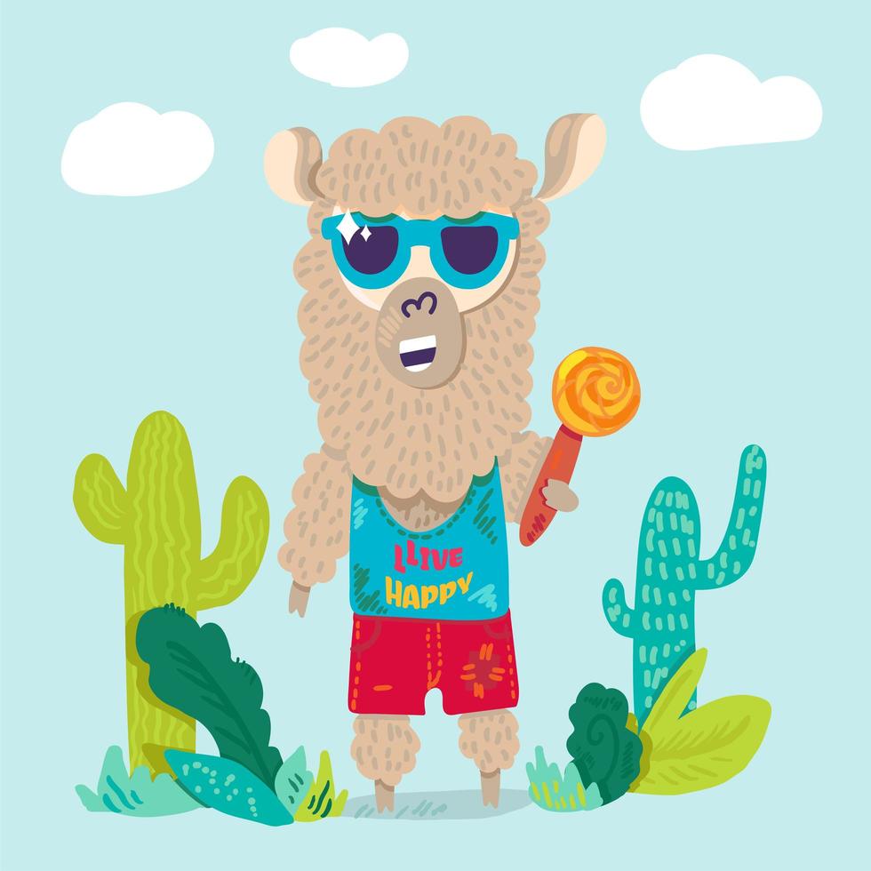 llama fresca en gafas de sol personaje de dibujos animados plana vector