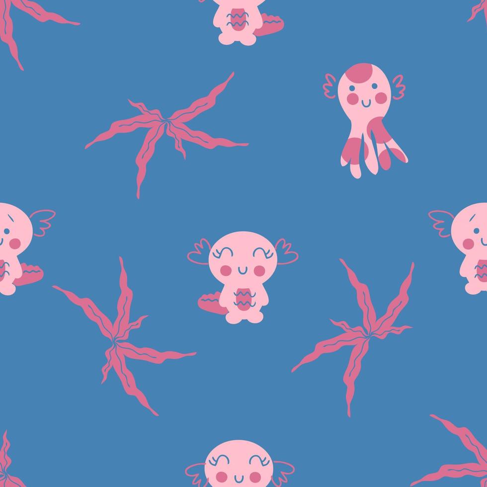 Hand drawn marine octopus and axolotls seamless pattern. vector