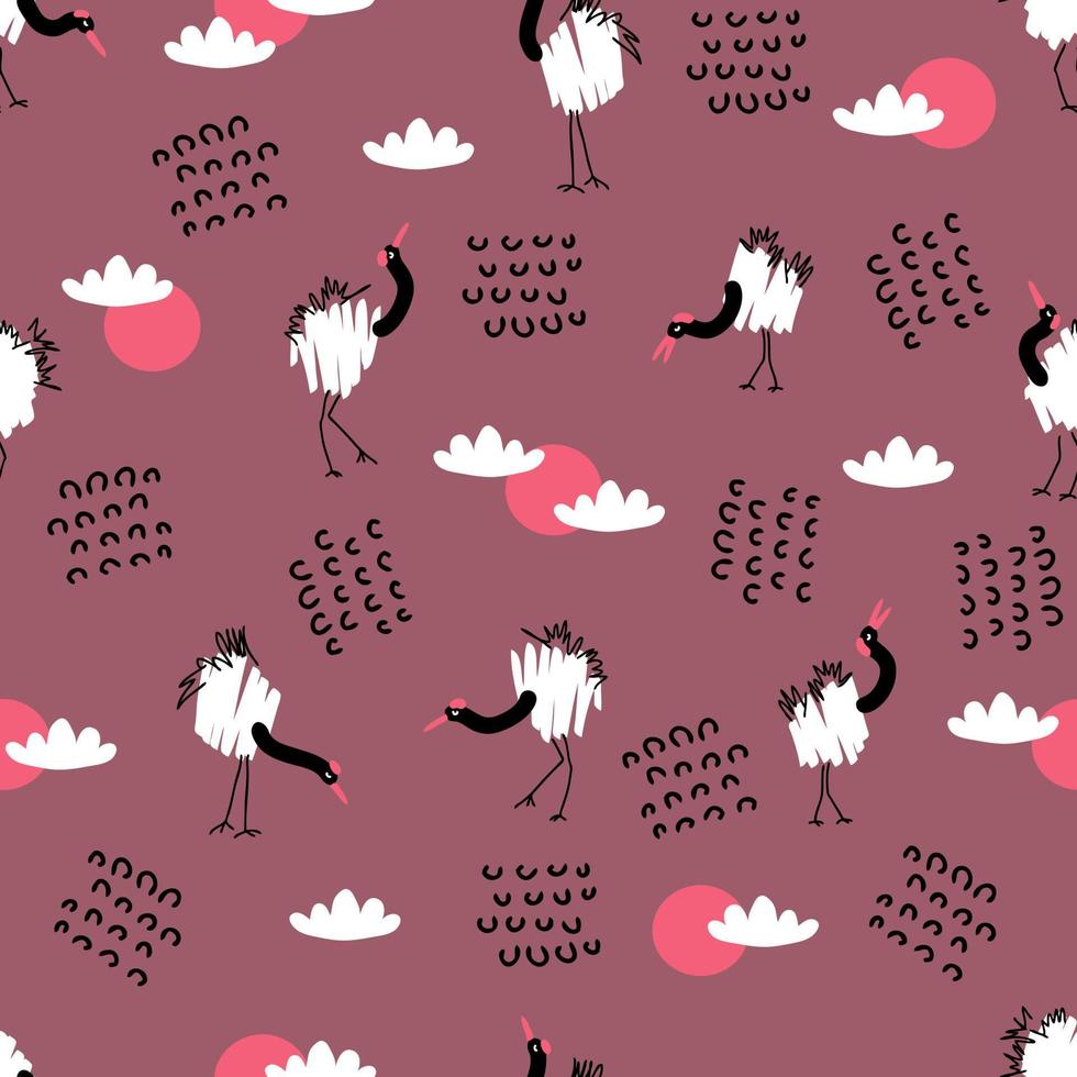 Hand drawn seamless pattern with red crowned cranes. vector