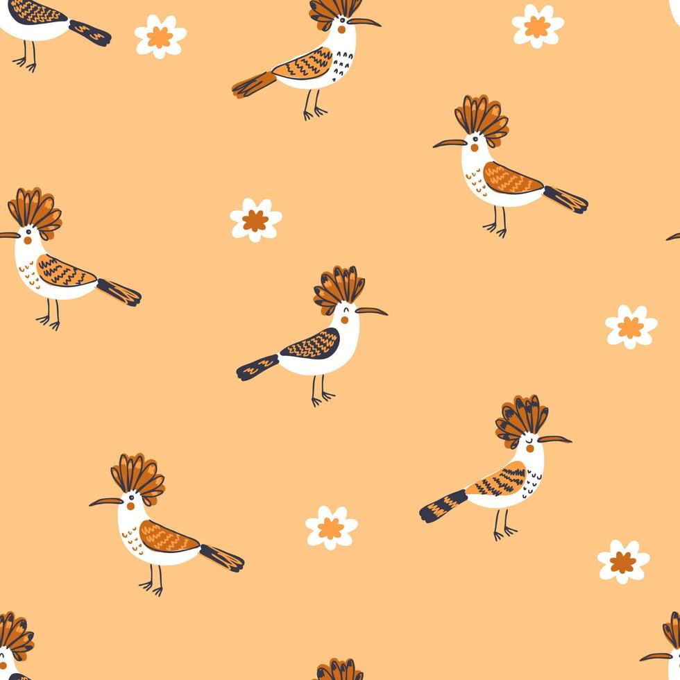 Doodle seamless pattern with hoopoe birds and flowers. vector