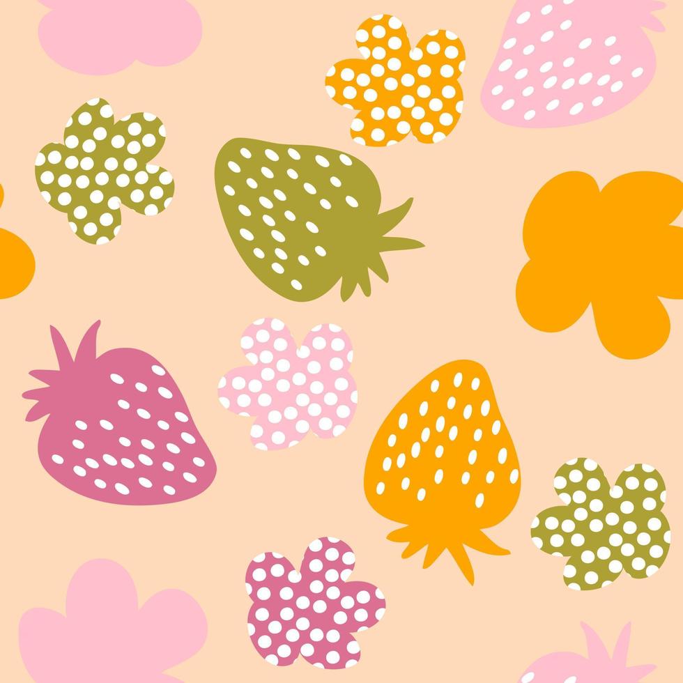 Multicolored strawberries and spotted flowers seamless pattern. vector