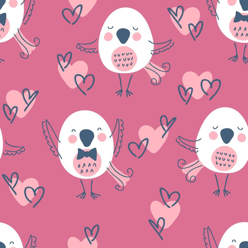 Hand drawn seamless valentine pattern with birds and hearts. vector
