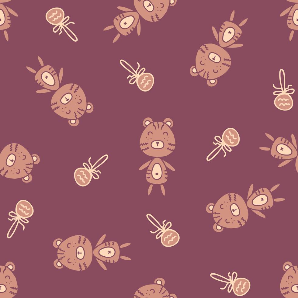 Doodle tiger seamless pattern with christmas toys. vector