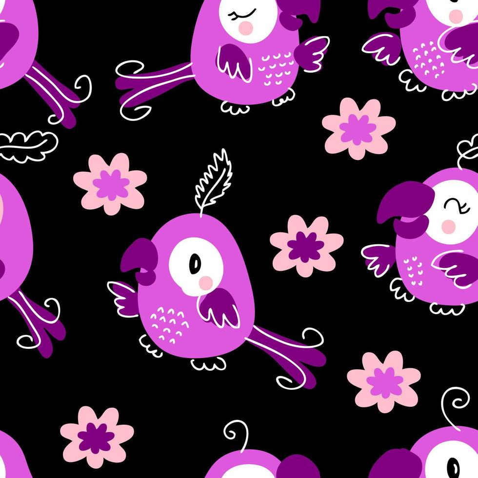 Hand drawn  dark seamless pattern with parrots and flowers. vector