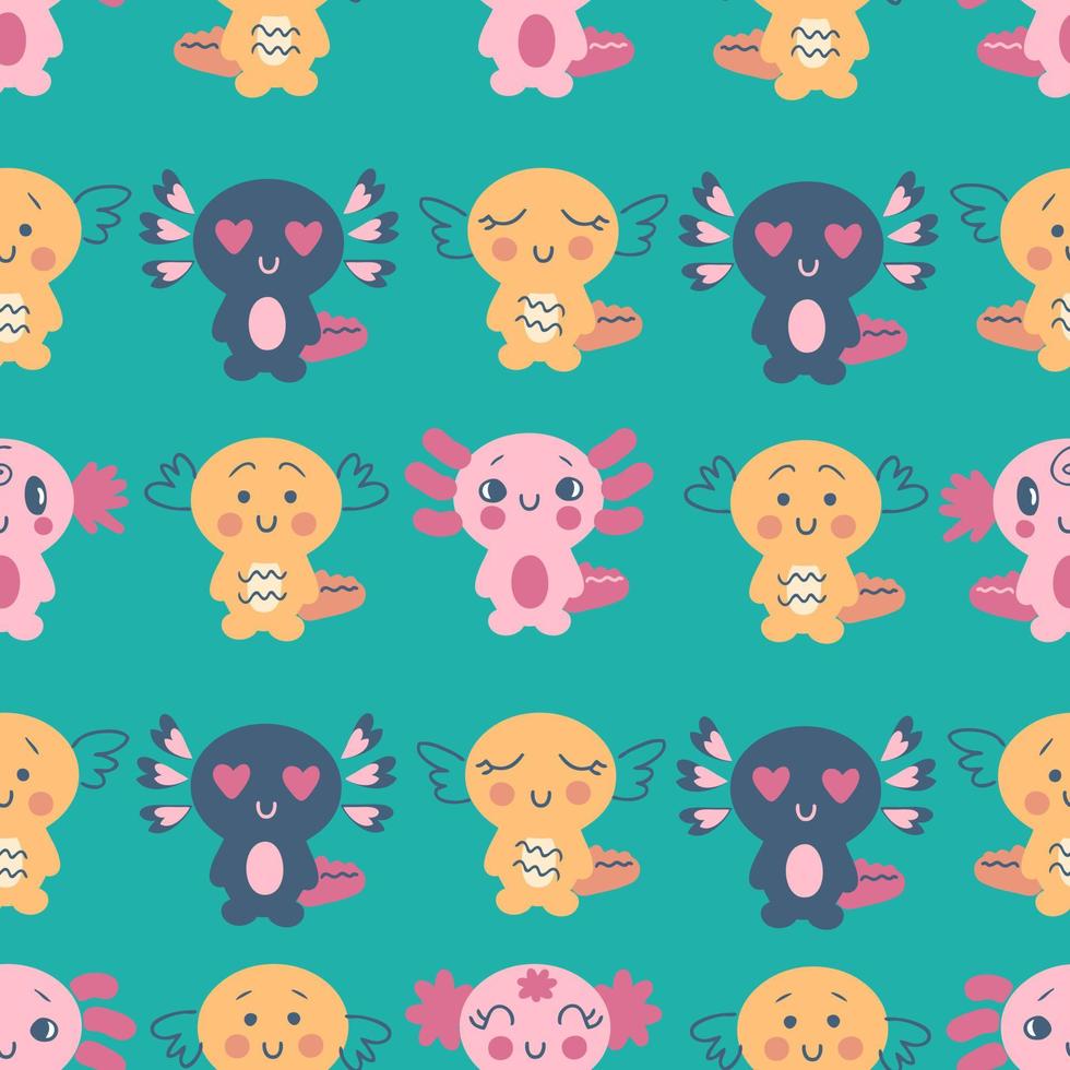 Hand drawn axolotls seamless pattern. vector