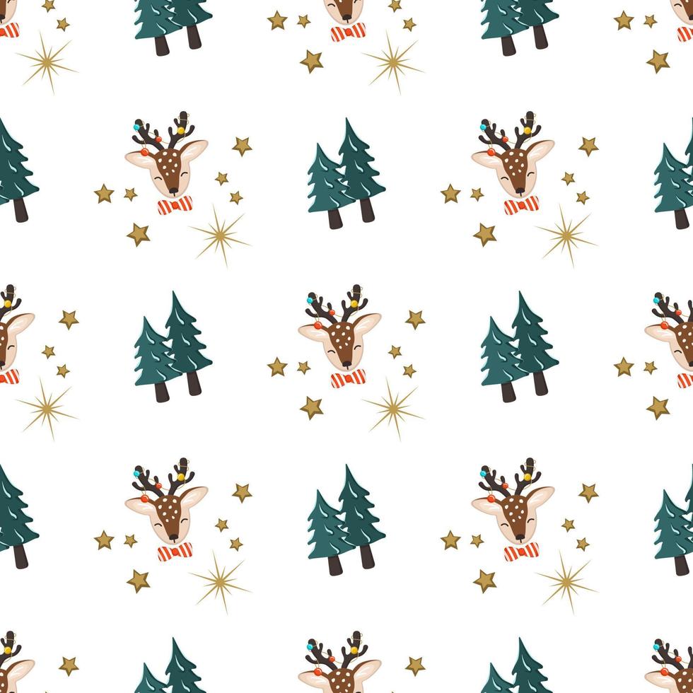 patrón sin fisuras con ciervos en estilo infantil y árbol de Navidad verde, decoración para año nuevo. estampado festivo con animal gracioso. vector ilustración plana