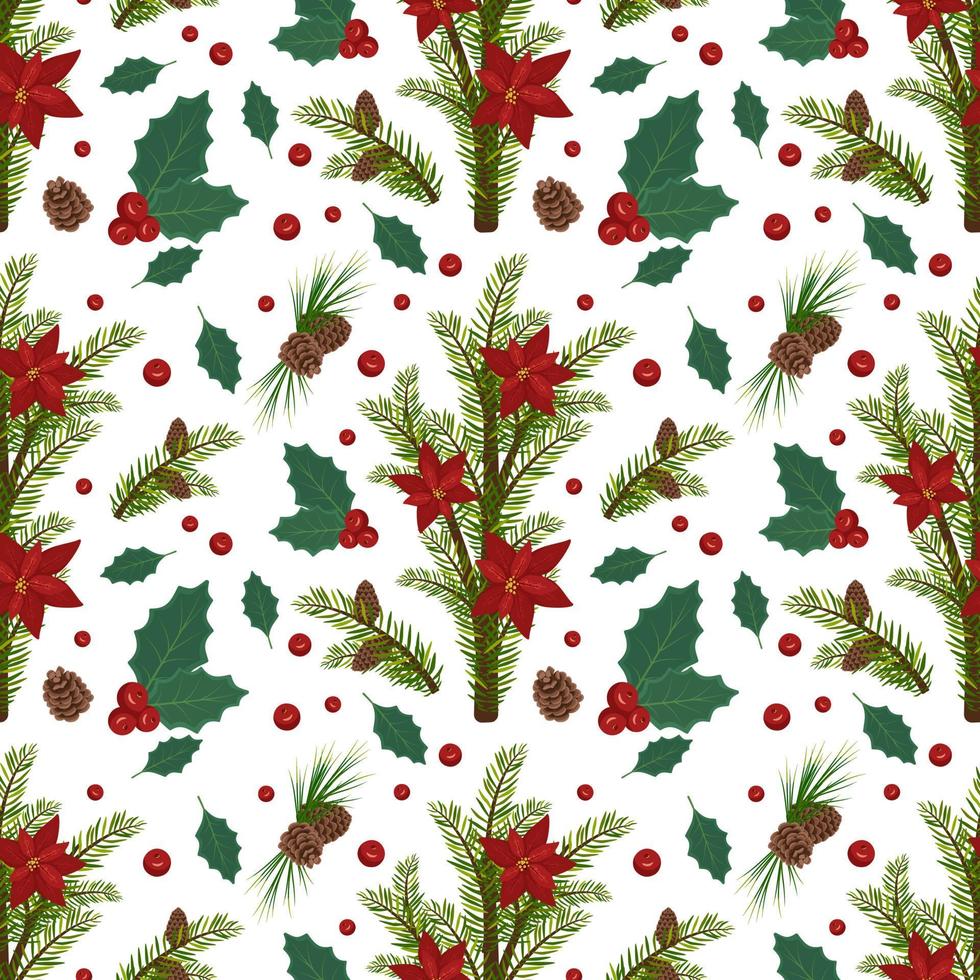 Seamless pattern with Christmas fir or pine branches with brown cones and red poinsettia flower. Festive print decoration for new year. Vector flat illustration