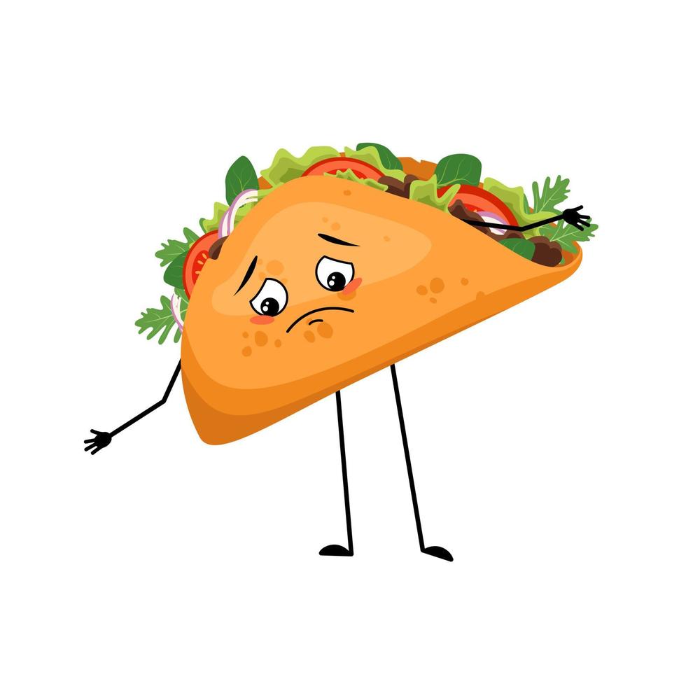 Cute character mexican taco with sad emotion, face, depressive eyes, arms and legs. Fast food person with melancholy expression, sandwich with flatbread. vector