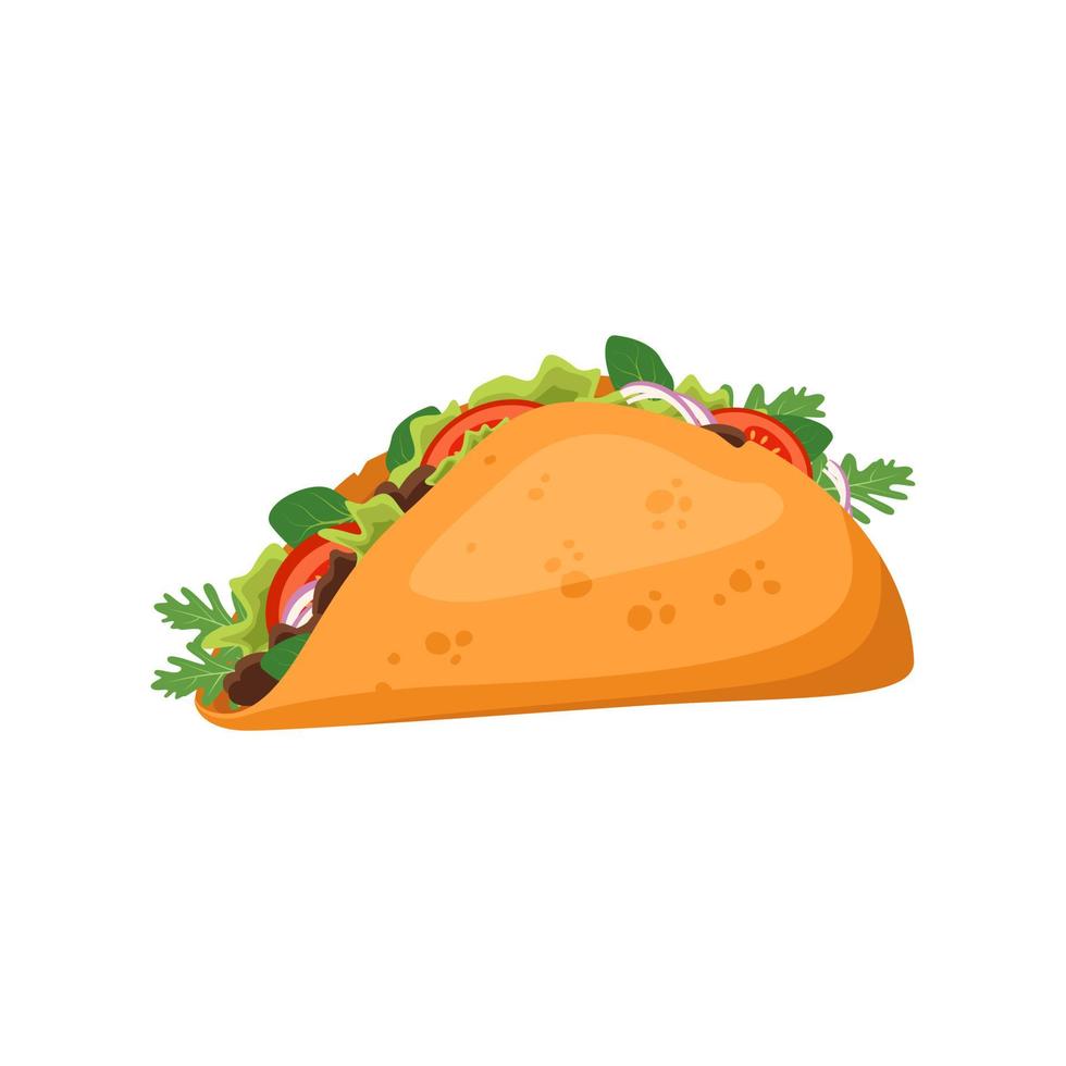 Taco tradicional mexicano con tartilla de maíz, carne, tomate y ensalada. vector