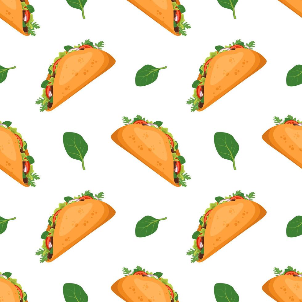 patrón sin costuras con comida de taco tradicional mexicana y espinacas verdes. Impresión de comida rápida para restaurante, cafetería y diseño sobre fondo blanco. vector ilustración plana