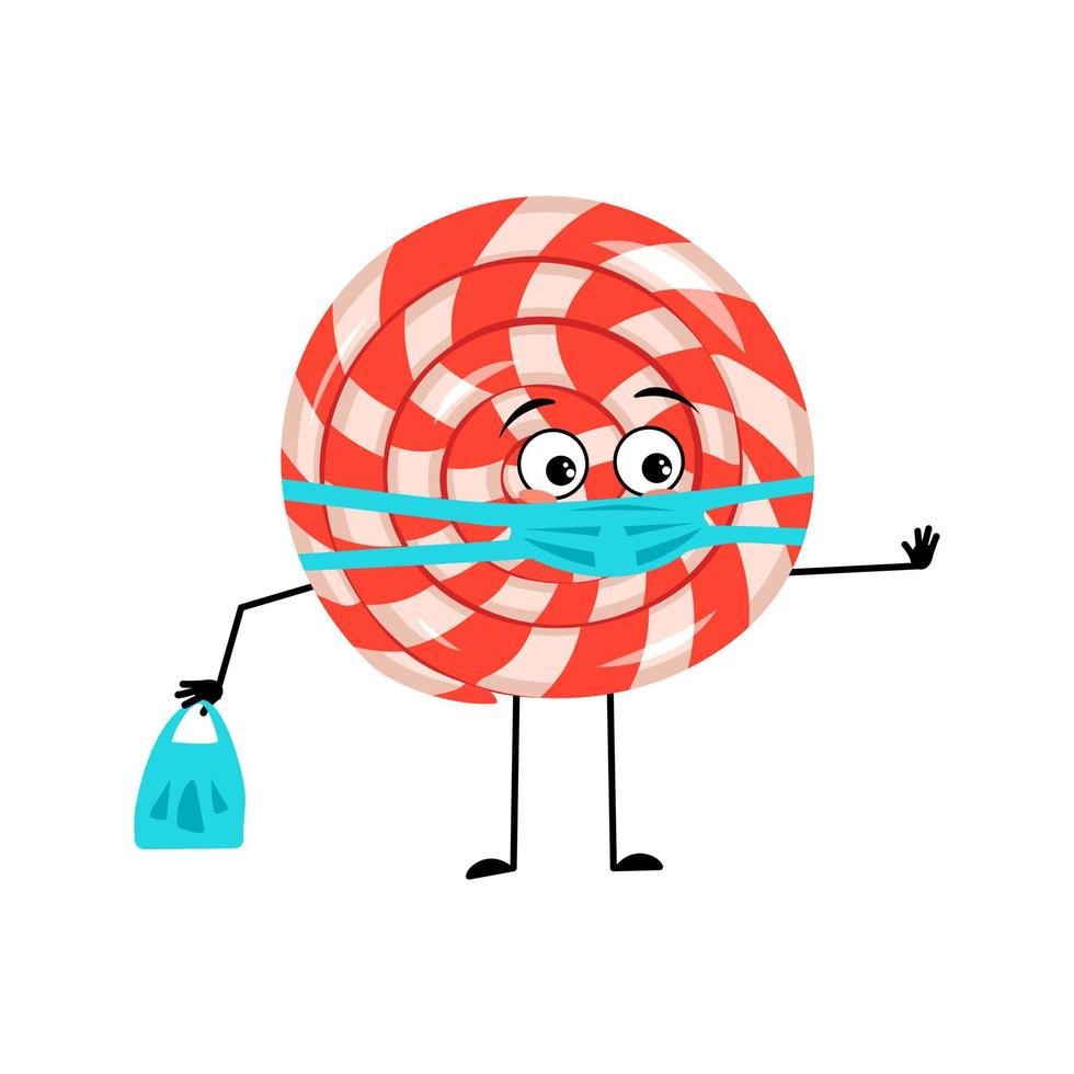 Cute character lollipop with sad emotions, face and mask keep distance, hands with shopping bag and stop gesture. Sweet candy person with depression expression vector