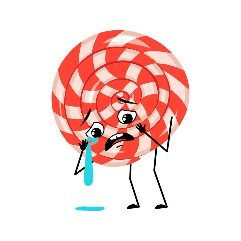 Cute character lollipop with crying and tears emotion, sad face, depressive eyes, arms and legs. Sweet candy person with melancholy expression vector