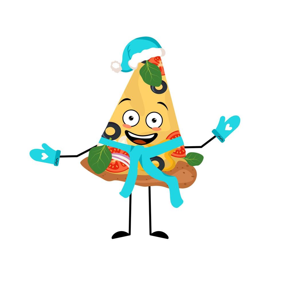 Personaje de pizza santa con emoción feliz, rostro alegre, ojos sonrientes, brazos y piernas con bufanda y guantes. persona de comida rápida con expresión para navidad y año nuevo vector