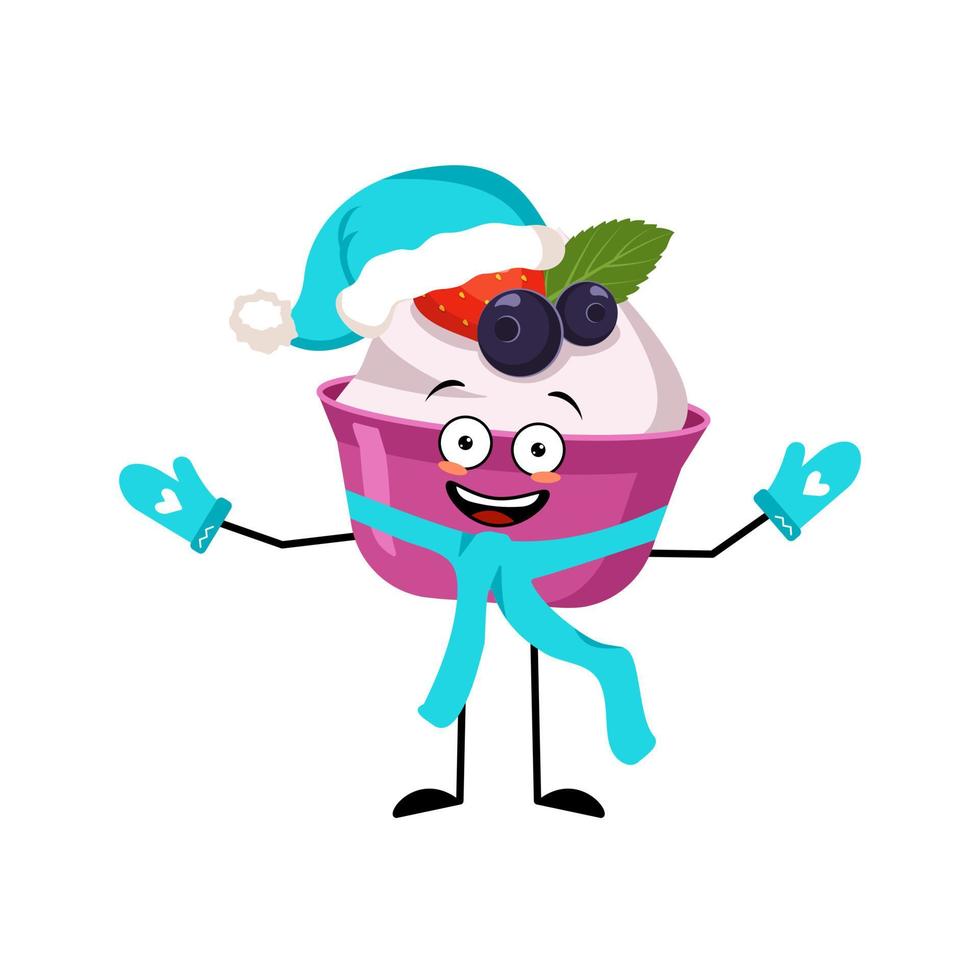 Cake or yogurt Santa character with happy emotion, joyful face, smile eyes, arms and legs with scarf and mittens. Sweet food person with expression for Christmas and New year vector