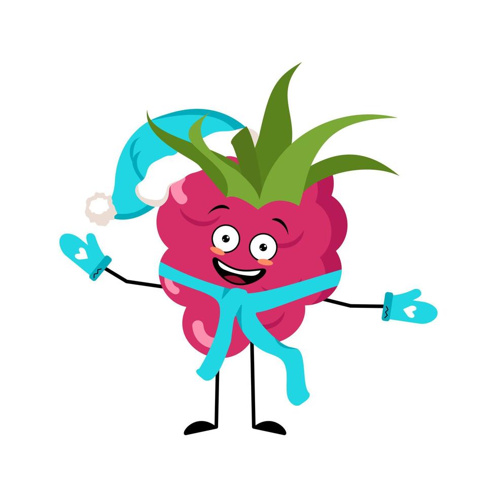 Raspberry Santa character with happy emotion, joyful face, smile eyes, arms and legs with scarf and mittens. Fruit person with expression, food for Christmas and New year vector