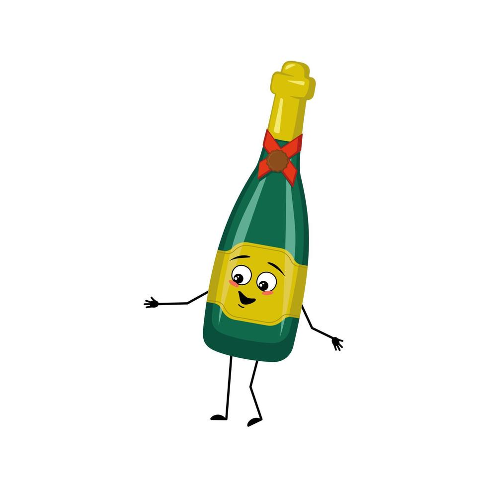 Bottle of sparkling wine character with happy emotions, face, smile eyes, hands and legs. Alcohol man with joyful facial expression, glass container for holidays and parties. Vector flat illustration