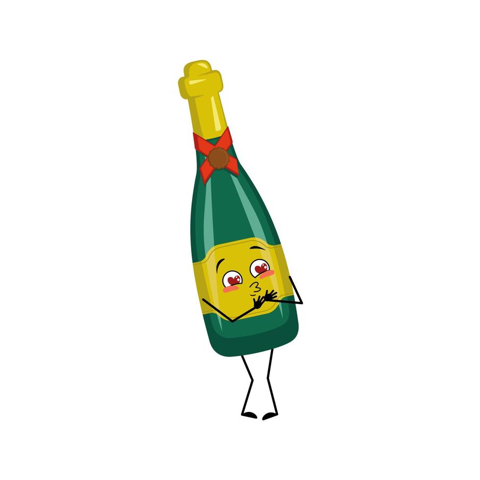 Bottle of sparkling wine character with love emotions, smile face, arms and legs. Alcohol man with joyful facial expression, glass container for holidays and parties. Vector flat illustration