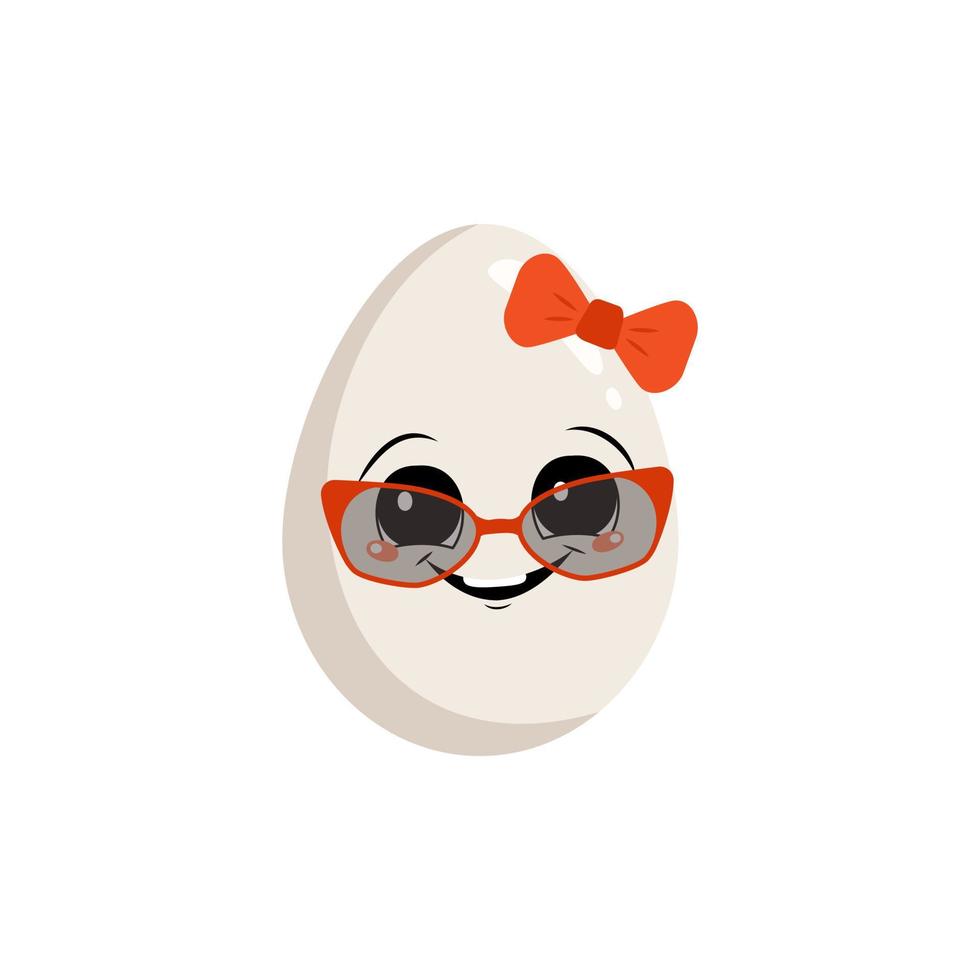 Cute egg character with happy emotions, joyful face, smile eyes, with bow and glasses. Festive decoration for Easter. A mischievous culinary hero. Vector flat illustration