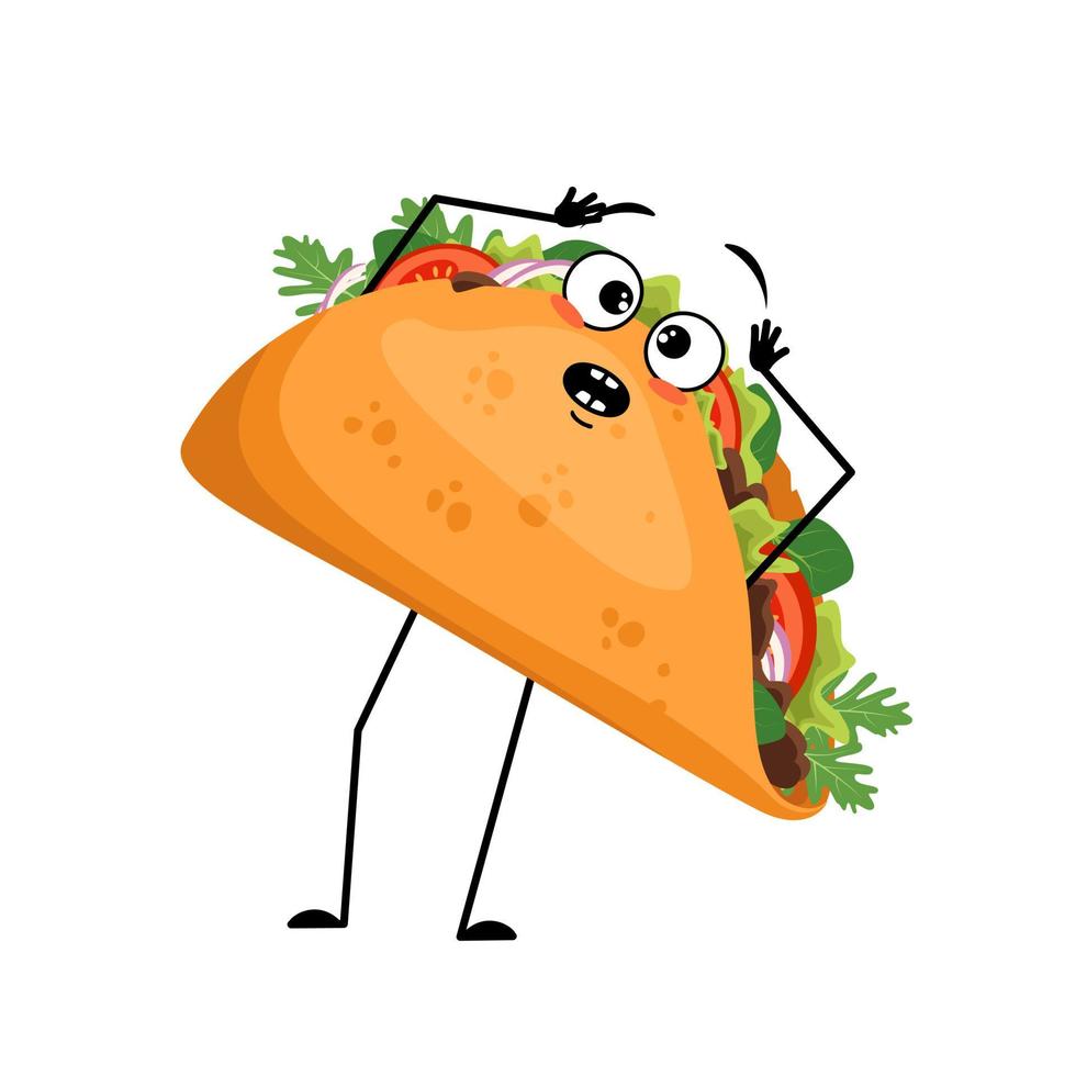 Cute character mexican taco with emotions in panic grabs his head, surprised face, shocked eyes, arms and legs. Fast food person with melancholy expression, sandwich with flatbread. vector