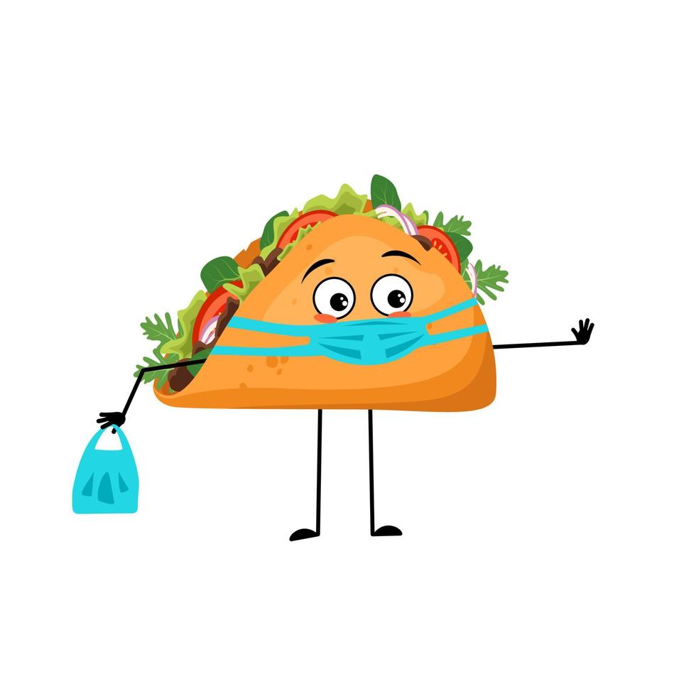 Taco mexicano de lindo personaje con emociones tristes, cara y máscara mantienen distancia, manos con bolsa de compras y gesto de parada. persona de comida rápida con expresión, sándwich con pan plano. vector