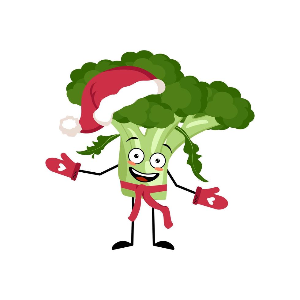 Cute broccoli Santa character with happy emotion, joyful face, smile eyes, arms and legs with scarf and mittens. Vegetable person with expression, food for Christmas and New year vector