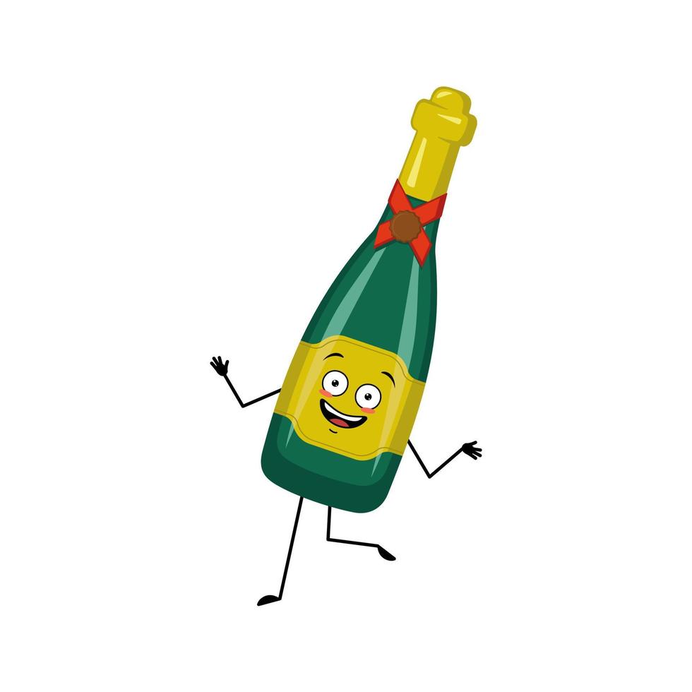 Bottle of sparkling wine character with happy emotions, face, smile eyes, hands and legs. Alcohol man with joyful facial expression, glass container for holidays and parties. Vector flat illustration