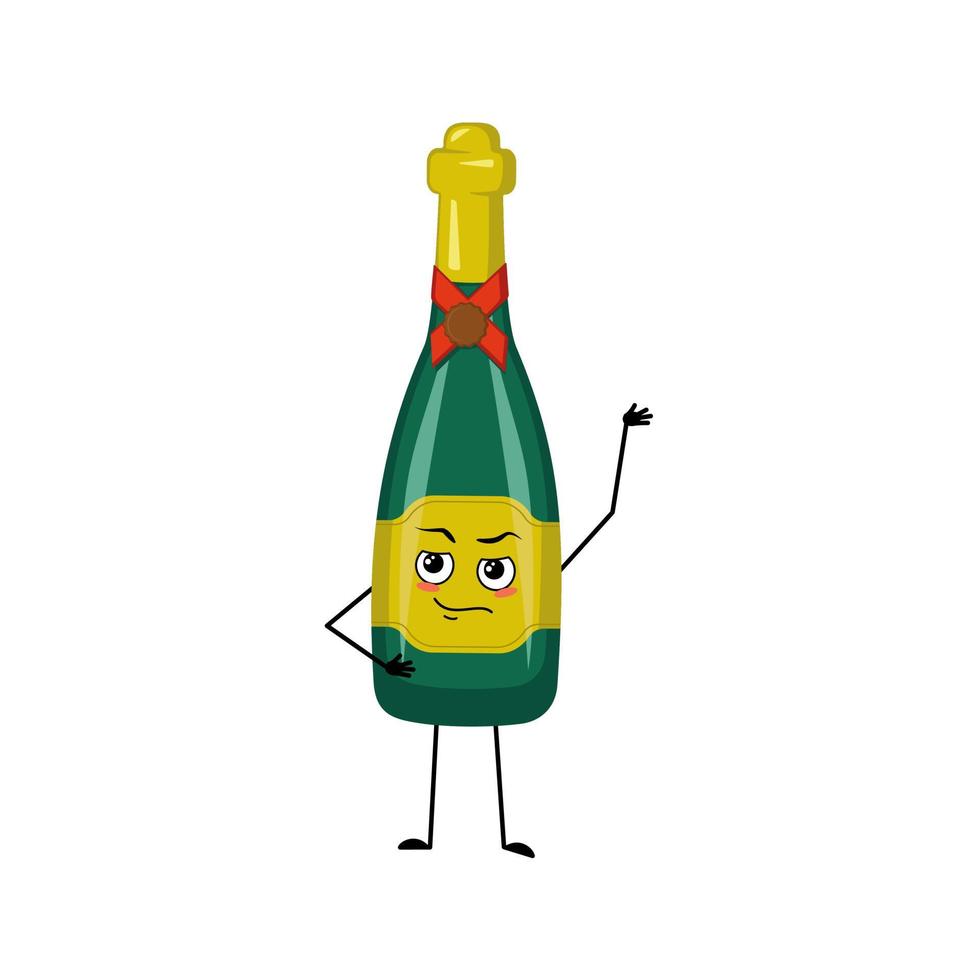 botella de vino espumoso personaje con emociones de héroe, rostro valiente, brazos y piernas. Hombre de alcohol con expresión de coraje, recipiente de vidrio para fiestas y fiestas. vector ilustración plana