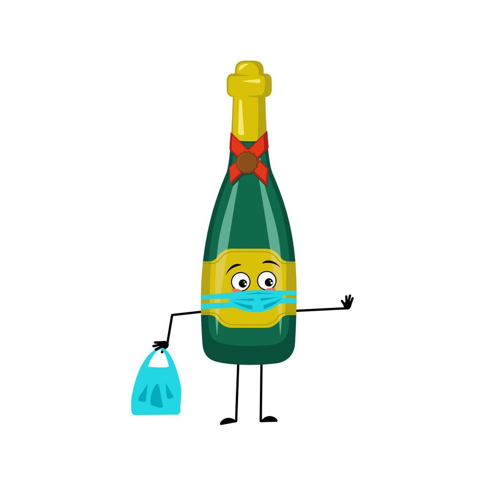 Bottle of sparkling wine character with sad emotions, face and mask keep distance, hands with shopping bag and stop gesture. Alcohol man with care expression, glass container for holidays and parties vector