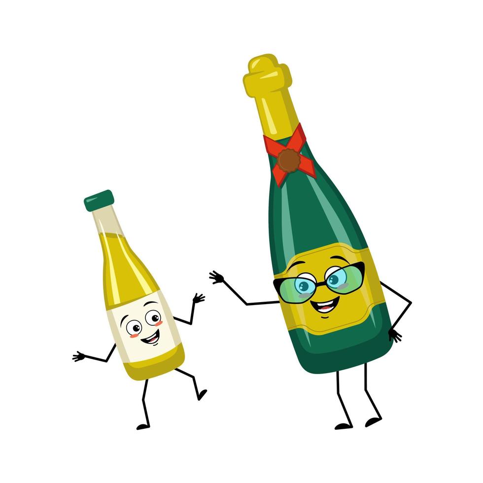 Grandmother bottle of sparkling wine character with happy emotions and grandson lemonade. Alcohol man with joyful facial expression, glass container for holidays and parties. Vector flat illustration