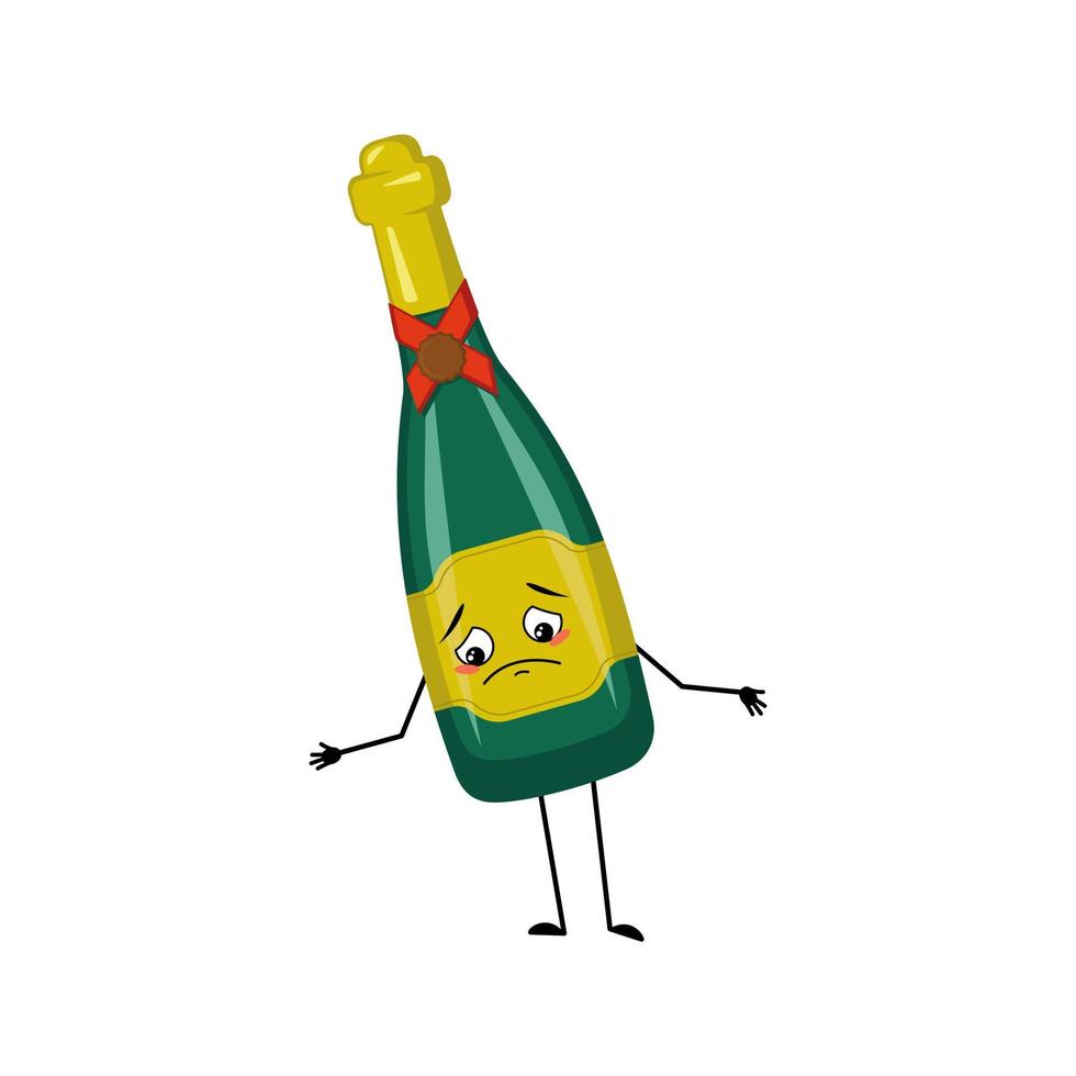 Bottle of sparkling wine character with sad emotions, depressed face, down eyes, arms and legs. Alcohol man with melancholy expression, glass container for holidays and parties vector