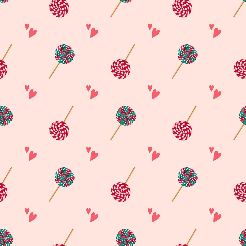 Seamless pattern with striped lollipop and hearts. Festive sweetness in spiral print for new year, birthday and holiday. Vector flat illustration